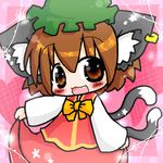  animal_ears annyui blush brown_eyes brown_hair cat_ears cat_tail chen chibi earrings hat jewelry multiple_tails solo tail touhou 