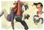  2boys bike_shorts black_hair blue_hair bonu_(tsunatan) crystal_(pokemon) cue_stick gold_(pokemon) hat multiple_boys pokemon pokemon_(game) pokemon_gsc pokemon_special red_hair silver_(pokemon) 