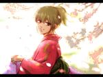  gintama japanese_clothes kimono kin'usagi leaf letterboxed okita_mitsuba open_mouth short_hair smile solo 