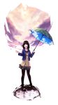  :d absurdres bad_id bad_pixiv_id black_hair black_legwear brick cano cherry_blossoms dress grey_eyes highres legs open_mouth original pantyhose petals pigeon-toed puddle sky sky_print smile solo umbrella 