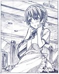  apron blue blush bow bowtie hair_ornament hairclip hands_on_own_face highres inami_mahiru monochrome sakino_shingetsu short_hair skirt solo tray waitress working!! 