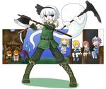  4girls axe blue_eyes crossover dual_wielding final_fantasy final_fantasy_xi final_fantasy_xiii ghost guilty_gear hairband holding konpaku_youmu konpaku_youmu_(ghost) ky_kiske lightning_farron monk_(final_fantasy) multiple_boys multiple_girls naitou nice saigyouji_yuyuko scythe short_hair silver_hair the_iron_of_yin_and_yang touhou triple_wielding weapon white_mage 