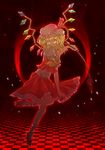  checkered checkered_floor crazy crazy_eyes eclipse flandre_scarlet floating frills glowing hikaru_(pixiv853286) laevatein moon moonlight red_moon side_ponytail solar_eclipse solo touhou wings 