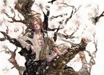  barefoot cherry_blossoms highres in_tree kusaco male_focus one_piece petals red_hair scar shanks solo tree wallpaper 