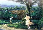  2girls bad_id bad_pixiv_id black_eyes black_hair bunny cliff dog dress highres long_hair mountain multiple_girls natsukaze_(natu) original peeking scenery short_hair tree twintails 