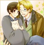  2boys 2guys america_(hetalia) axis_powers_hetalia blond blonde_hair blue_eyes brown_eyes brown_hair carry carrying cat glasses japan_(hetalia) lowres male male_focus multiple_boys smile yaoi 