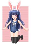  animal_ears bad_id bad_pixiv_id blue_hair bunny_ears bunny_tail collarbone fake_animal_ears furude_rika higurashi_no_naku_koro_ni ikuzaemon kneeling long_hair name_tag one-piece_swimsuit one_eye_closed open_mouth purple_eyes school_swimsuit simple_background solo swimsuit tail thighhighs 