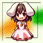  animal_ears black_hair bunny_ears carrot chibi inaba_tewi jewelry open_mouth pendant red_eyes shimafuguchan solo touhou 