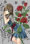  against_wall alice_margatroid blonde_hair blue_eyes blue_skirt capelet colored_eyelashes eyelashes flower hairband highres leaning_forward rose short_hair skirt solo thorns touhou unasaka_ryou 