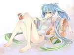  aqua_eyes armpits bad_id bad_pixiv_id barefoot blue_hair bottomless can chips feet food gradient_hair hatsune_miku long_hair mouth_hold multicolored_hair necktie pillow platinumcorundum sitting solo twintails very_long_hair vocaloid 