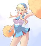  bare_shoulders blonde_hair blue_eyes bowieknife cheerleader dress hairband heroman lina_davis long_hair one_eye_closed open_mouth panties pom_poms short_dress sidelocks sleeveless sleeveless_dress solo sweat underwear 