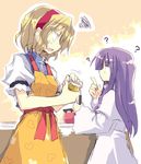  ? alice_margatroid angry apron beige_background blonde_hair cowboy_shot hairband index_finger_raised multiple_girls patchouli_knowledge purple_hair satou_kibi simple_background squiggle touhou 