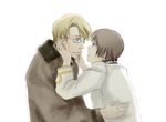  2boys 2guys america_(hetalia) axis_powers_hetalia blond blonde_hair blue_eyes brown_hair eye_contact glasses hug jacket japan_(hetalia) looking_at_another male male_focus multiple_boys yaoi 