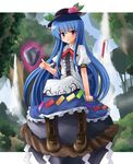  bad_id bad_pixiv_id blue_hair boots elixir16 food fruit hat hinanawi_tenshi keystone long_hair peach red_eyes rope shimenawa solo sword sword_of_hisou touhou weapon 