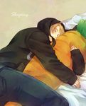  america_(hetalia) axis_powers_hetalia bad_id bad_pixiv_id blonde_hair carrot carrot_pillow male_focus mouth_hold pillow sleeping solo sweater yousan 
