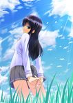  absurdres arms_behind_back bad_id bad_pixiv_id bird black_hair blue_eyes cloud day from_below grass highres light_rays long_hair looking_back natsukaze_(natu) original pleated_skirt skirt sky solo sunbeam sunlight 