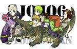  3girls alligator armband bad_id bad_pixiv_id baseball_uniform belt black_hair blonde_hair blue_eyes bound brown_hair chibi clothes_writing crocodilian double_bun eguchinashi emporio_alnino ermes_costello everyone fishnets foo_fighters green_eyes green_hair hairlocs hat horns jewelry jojo_no_kimyou_na_bouken kuujou_jolyne long_hair multicolored_hair multiple_boys multiple_girls narciso_anasui purple_eyes purple_hair ring rope short_hair sleeveless sportswear stone_ocean teardrop tied_up two-tone_hair weather_report yellow_eyes 