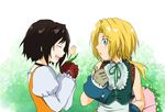  1boy 1girl black_hair blonde_hair blue_eyes bodysuit closed_eyes commentary_request couple final_fantasy final_fantasy_ix flower garnet_til_alexandros_xvii gloves happy hetero long_hair open_mouth orange_bodysuit pekamatu ponytail short_hair vest zidane_tribal 