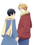  2boys 2guys america_(hetalia) axis_powers_hetalia black_hair blond blonde_hair blue_eyes dark_hair glasses hand_holding jacket japan_(hetalia) male male_focus multiple_boys scarf yaoi 