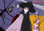  2girls animal_ears black_hair blonde_hair blue_eyes book camcorder cape cat_ears cat_tail copyright_name dress floating glasses grey_eyes hair_ribbon halloween hat kaidan_restaurant koumoto_shou long_hair multiple_girls oozora_ako pink_eyes pink_hair purple_background ribbon saitoyu00 sakuma_reiko shorts tail tree witch_hat 