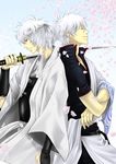  closed_eyes dual_persona gintama hadanugi_dousa headband highres japanese_clothes joui katana kimono leaf long_sleeves male_focus multiple_boys sakata_gintoki short_sleeves silver_hair sword weapon white_hair 