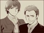  bad_id bad_pixiv_id border cigarette crossover formal gregory_house house_m.d. male_focus messy_hair monochrome multiple_boys sam_winchester sepia supernatural_(tv_series) yoino_(artist) 