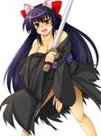  animal_ears bad_id bad_pixiv_id blush breasts cat_ears fang hair_ribbon highres japanese_clothes kimono long_hair medium_breasts memento_mori_(m.m) noihara_himari omamori_himari open_mouth purple_eyes purple_hair ribbon solo sword torn_clothes very_long_hair weapon 