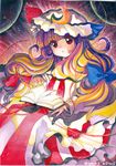  book bow colored_pencil_(medium) crescent dated glowing hair_bow hat light long_hair magic millipen_(medium) mosho open_book patchouli_knowledge red_eyes signature solo touhou traditional_media watercolor_(medium) 