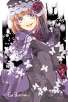  bad_id bad_pixiv_id blue_eyes bow bug butterfly dress elbow_gloves eva_beatrice flower gloves hat hoe_satsuki insect orange_hair pantyhose ribbon rose solo umineko_no_naku_koro_ni 