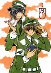  belt black_hair blue_eyes brown_eyes brown_hair clamp crossover hat male_focus marker_(medium) military military_uniform mokona multiple_boys official_art shirou_kamui traditional_media tsubasa_chronicle uniform x_(manga) xiaolang 