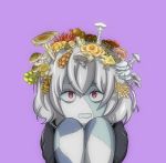  1girl black_clothes commentary_request fungus grey_hair konno_junko looking_up mushroom raised_eyebrows red_eyes scared short_hair squatting stitches user_uarp8424 zombie zombie_land_saga 
