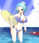  :d bad_id bad_pixiv_id bikini blood blue_bikini blue_eyes blue_hair breasts front-tie_top hat innertube kumoi_ichirin light_rays medium_breasts naka_akira navel ocean open_mouth short_hair side-tie_bikini smile solo strap_gap sunbeam sunlight swimsuit touhou wading water 