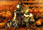  autumn black_hair blonde_hair cloud_strife final_fantasy final_fantasy_vii gloves laughing male_focus multiple_boys pumpkin seon sitting spiked_hair zack_fair 