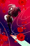  apo_(777) armband bad_id bad_pixiv_id black_legwear blue_eyes book flower hair_bobbles hair_ornament highres looking_back pleated_skirt red_hair rose skirt solo thighhighs umineko_no_naku_koro_ni ushiromiya_ange zettai_ryouiki 