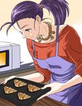  alternate_costume alternate_hairstyle apron baking blush contemporary croissant food microwave oven ponytail purple_hair red_eyes short_hair sleeves_pushed_up solo takosumen touhou yasaka_kanako 