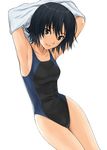  amagami armpits arms_up black_eyes black_hair closed_mouth competition_swimsuit highres homunculus_(artist) nanasaki_ai one-piece_swimsuit short_hair smile solo swimsuit thigh_gap undressing 