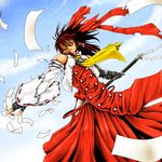  bow brown_hair cloud color_connection cosplay day detached_sleeves dutch_angle fingerless_gloves fusion gloves gohei hair_bow hakurei_reimu highres ledjoker07 long_hair parody sky solo sunglasses touhou trigun vash_the_stampede vash_the_stampede_(cosplay) yin_yang 