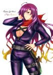  1girl absurdres ahoge biker_clothes bikesuit blonde_hair bodysuit breasts cowboy_shot gradient_hair gun hand_on_hip highres hijiri_byakuren large_breasts long_hair long_sleeves mattyakinako_(odango_imomushi) multicolored_hair purple_eyes purple_hair red_scarf revealing_clothes scarf smile solo touhou touhou_lost_word turbo_byakuren two-tone_hair unzipped very_long_hair weapon 