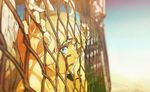  angel blonde_hair blue_eyes blurry chain-link_fence commentary depth_of_field fence halo highres looking_through_fence open_mouth original reflection reflective_eyes rocket short_hair solo sunset wings yoneyama_mai 