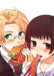  2boys 2guys america_(hetalia) axis_powers_hetalia bite biting burger chopsticks fish food glasses hamburger japan_(hetalia) male male_focus multiple_boys 