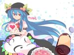  blue_hair bottle glowing hat heart hinanawi_tenshi long_hair outstretched_hand red_eyes shibatenko smile solo touhou 