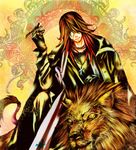  animal cross_marian d.gray-man gloves hair_over_one_eye lion long_hair male_focus red_hair seon solo 