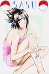  1boy arm_support bare_shoulders black_eyes black_hair boy crossed_legs drathe grin headband legs legs_crossed male male_focus naruto razor shaving short_hair simple_background sitting smile solo towel uchiha_sasuke white_background 