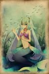  bad_id bad_pixiv_id bikini_top bubble expressionless fins fish framed green_eyes green_hair hatsune_miku long_hair looking_at_hand mermaid midriff monster_girl monsterification navel o-ring o-ring_top ponjiritsu seaweed sitting solo twintails underwater very_long_hair vocaloid 