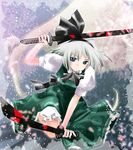  black_hairband dual_wielding green_eyes hairband hitodama holding katana konpaku_youmu konpaku_youmu_(ghost) short_hair silver_hair solo suzuri_(qoolemon) sword touhou weapon 