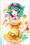  awa_toka bad_id bad_pixiv_id bare_shoulders breasts cleavage flower frills goggles goggles_on_head green_eyes green_hair gumi headphones highres medium_breasts short_hair solo vocaloid wrist_cuffs 