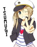  alternate_hairstyle blonde_hair blue_eyes blush dogeza_emon grin hand_in_pocket hat heart jacket k-on! kotobuki_tsumugi listen!! long_hair one_eye_closed sailor_hat smile solo striped v 