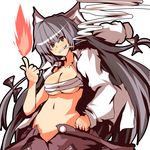  cigarette fire fujiwara_no_mokou grin hair_ribbon karakasa_(murakumo_koushou) navel ribbon sarashi smile smoke solo touhou 