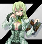  :q between_breasts border_break breasts bridal_gauntlets cleavage fiona_(border_break) green_eyes green_hair headset highres holding large_breasts pen shunzou solo tongue tongue_out watch wristwatch 