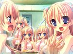  blue_eyes blush breasts dress_shirt eating food game_cg hair_ribbon large_breasts multiple_girls necktie open_mouth plate pov quintuplets ribbon room shirt siblings sisters twintails 